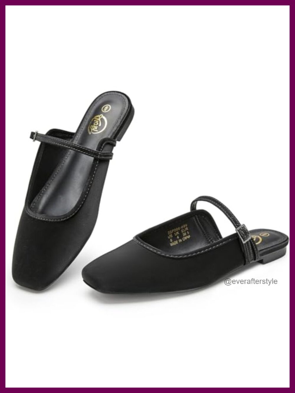 Mary Jane Mule Flats Square Toe Slip On Adjustable Strap Women's